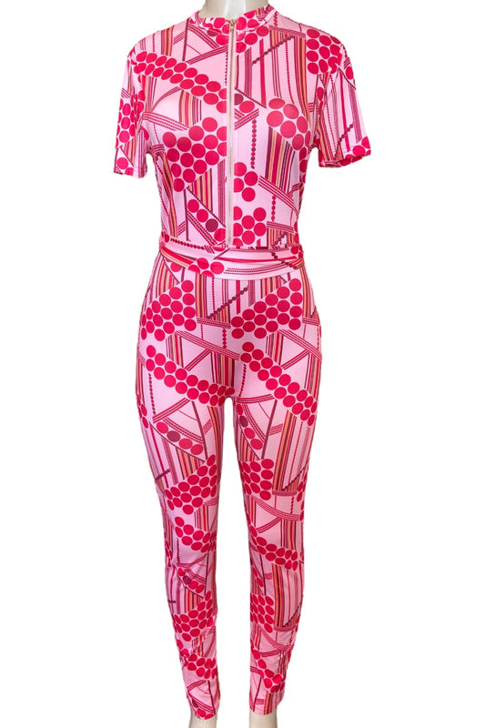 Pink geometric patterned outfit on a white background