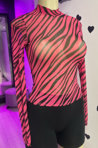 Zebra Print Mesh Long Sleeve Top
