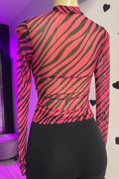 Zebra Print Mesh Long Sleeve Top