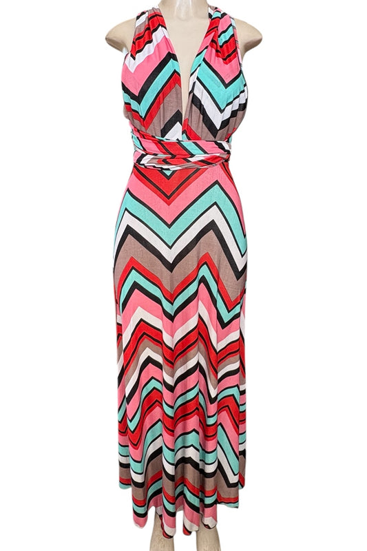 Colorful chevron dress on a mannequin against a white background
