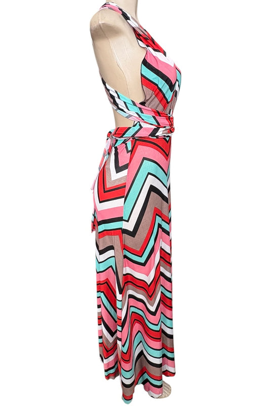 Colorful striped dress on a mannequin against a white background