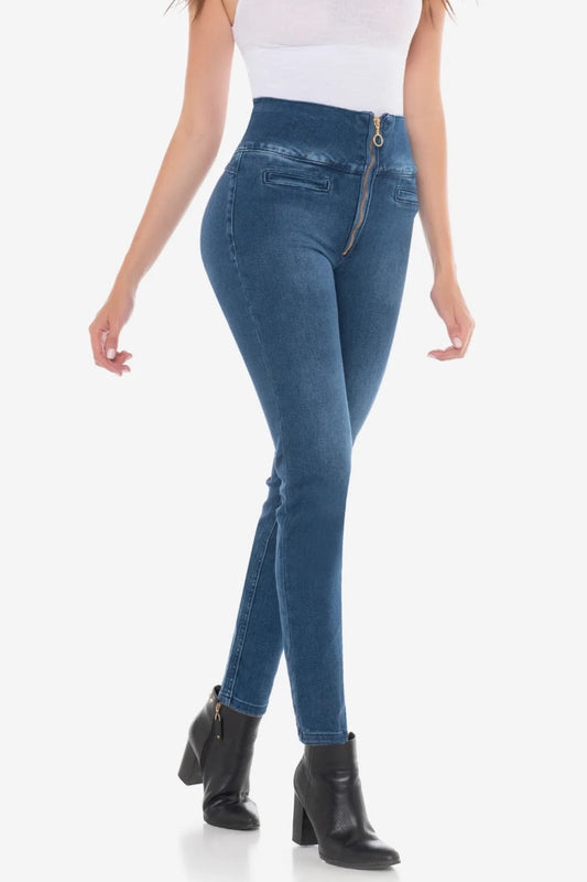Blue jeans worn by a person on a white background