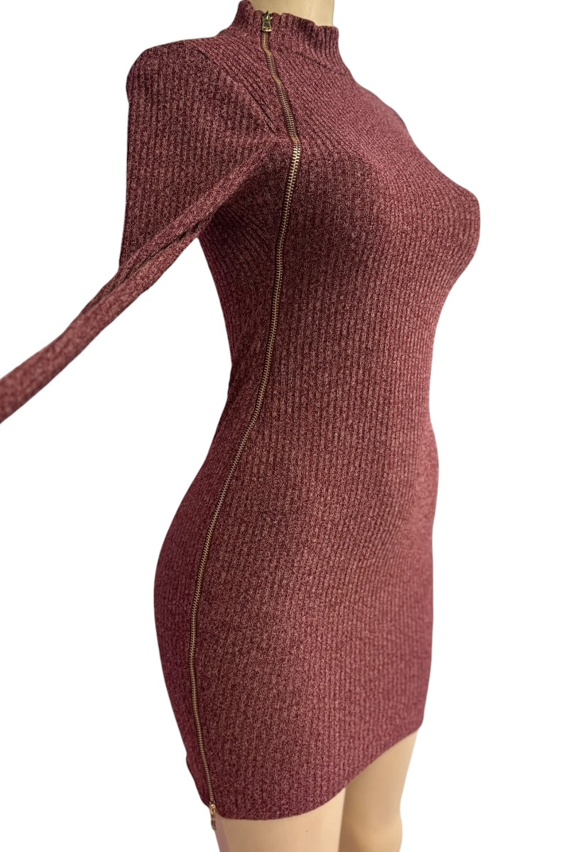 Wine knitted dress with long sleeves on a white background