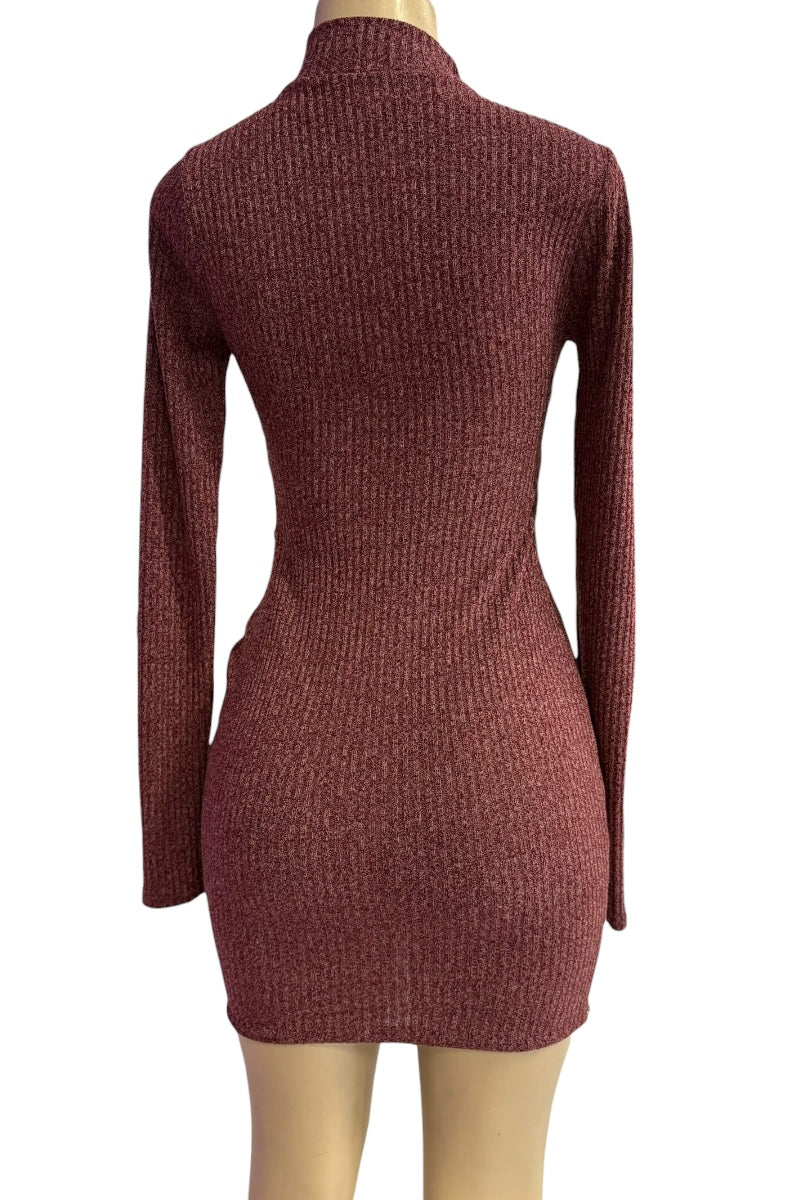 Wine ribbed knit dress on a mannequin against a white background