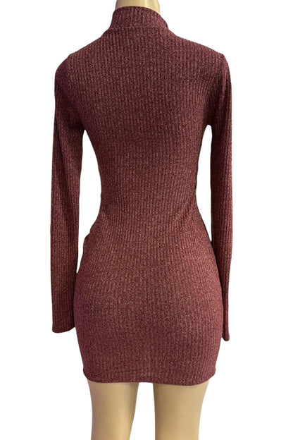Wine ribbed knit dress on a mannequin against a white background