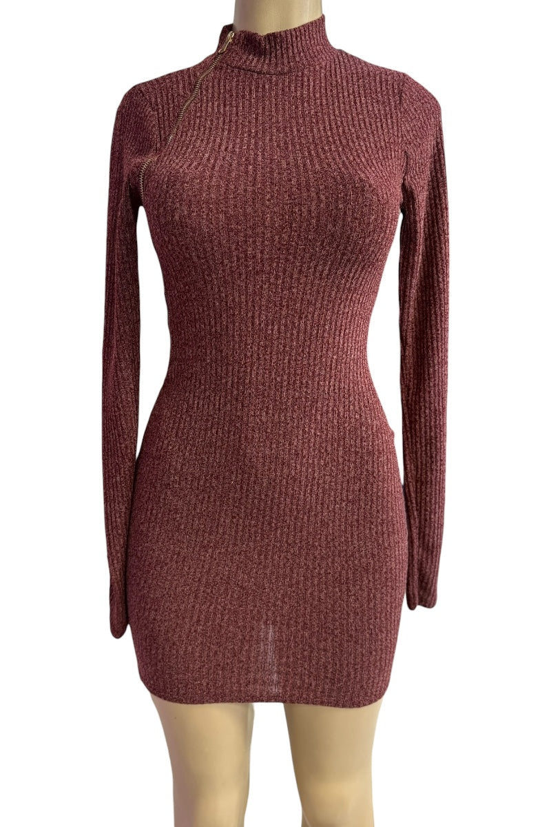 Wine ribbed knit dress on a mannequin against a white background