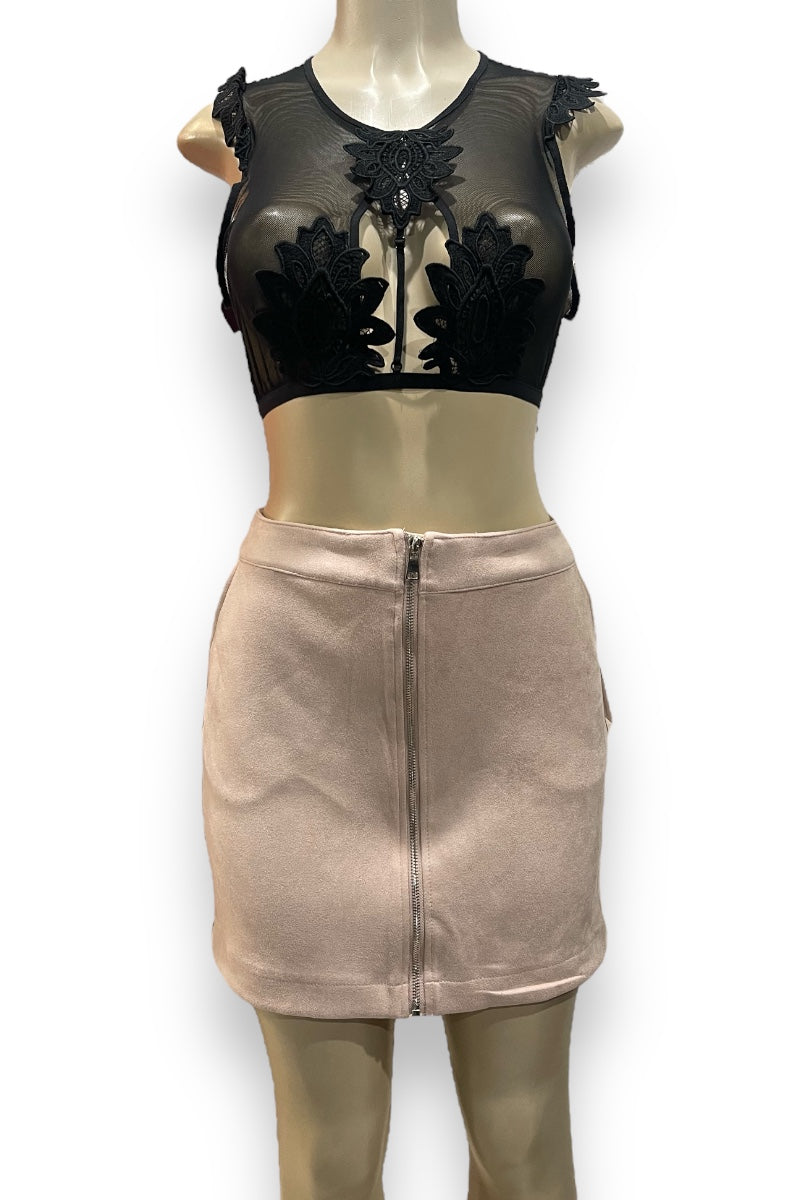 Zipper Faux Suede High Waist Skirt