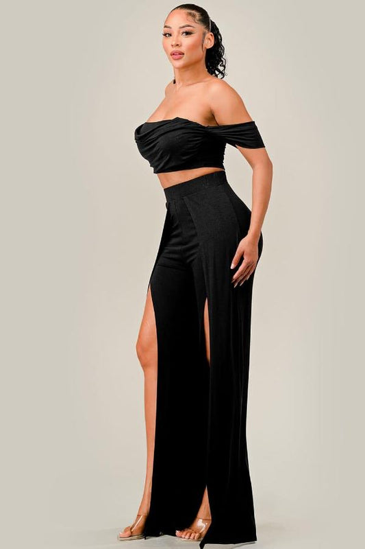 Off The Shoulder and Slit Open Wide Pants Set