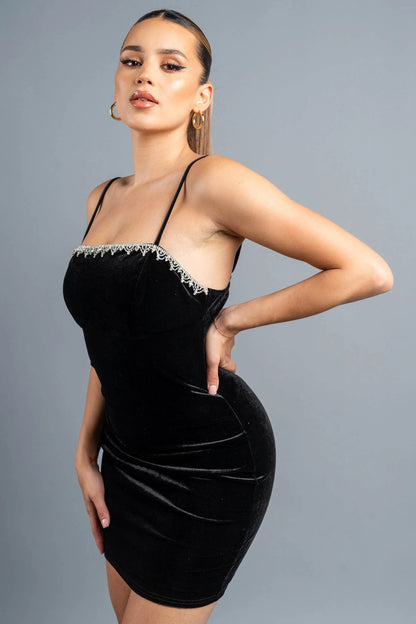 Black Luxe Velvet Rhinestones Jeweled Trim Mini Dress