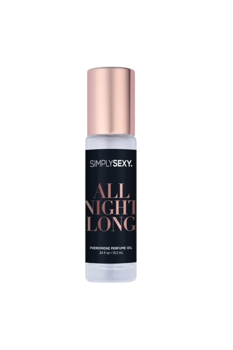 Perfume oil bottle labeled 'Simply Sexy All Night Long' on a white background