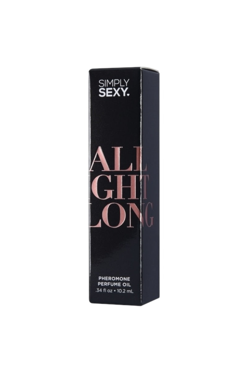 Black box of 'Simply Sexy All Night Long' perfume oil on a white background