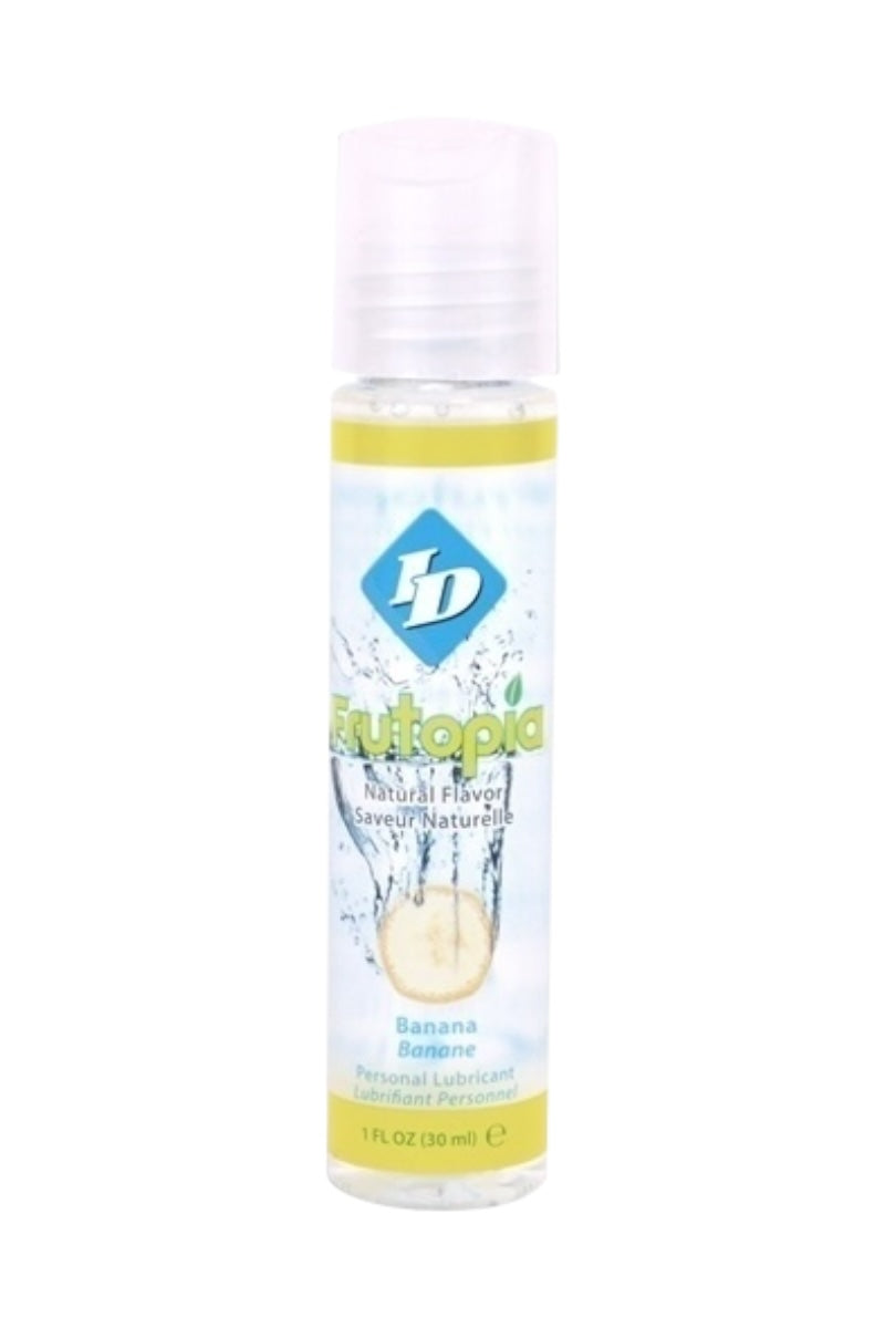 Bottle of ID Naturals banana-flavored personal lubricant on a white background