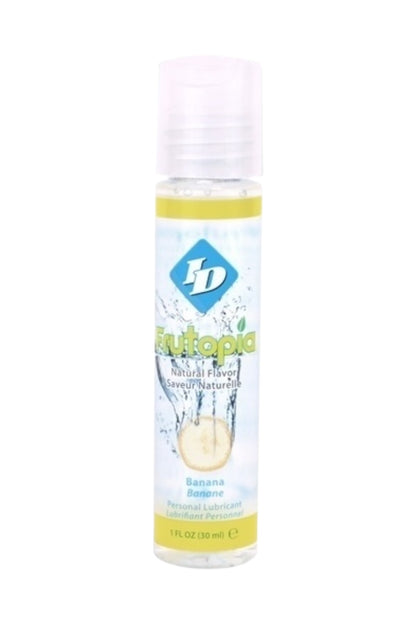 Bottle of ID Naturals banana-flavored personal lubricant on a white background