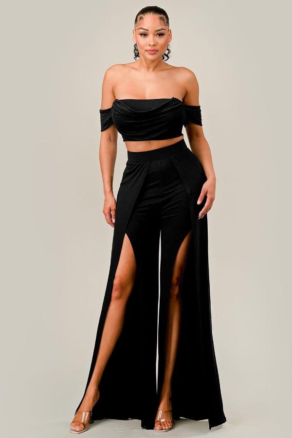 Off The Shoulder and Slit Open Wide Pants Set