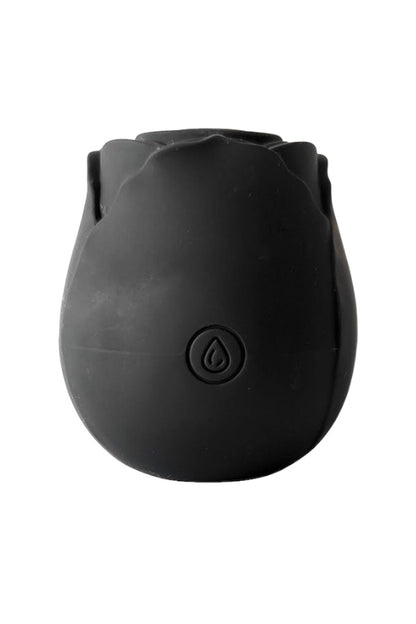 A black, rose-shaped rechargeable vibrator with a smooth surface and a button on the base.