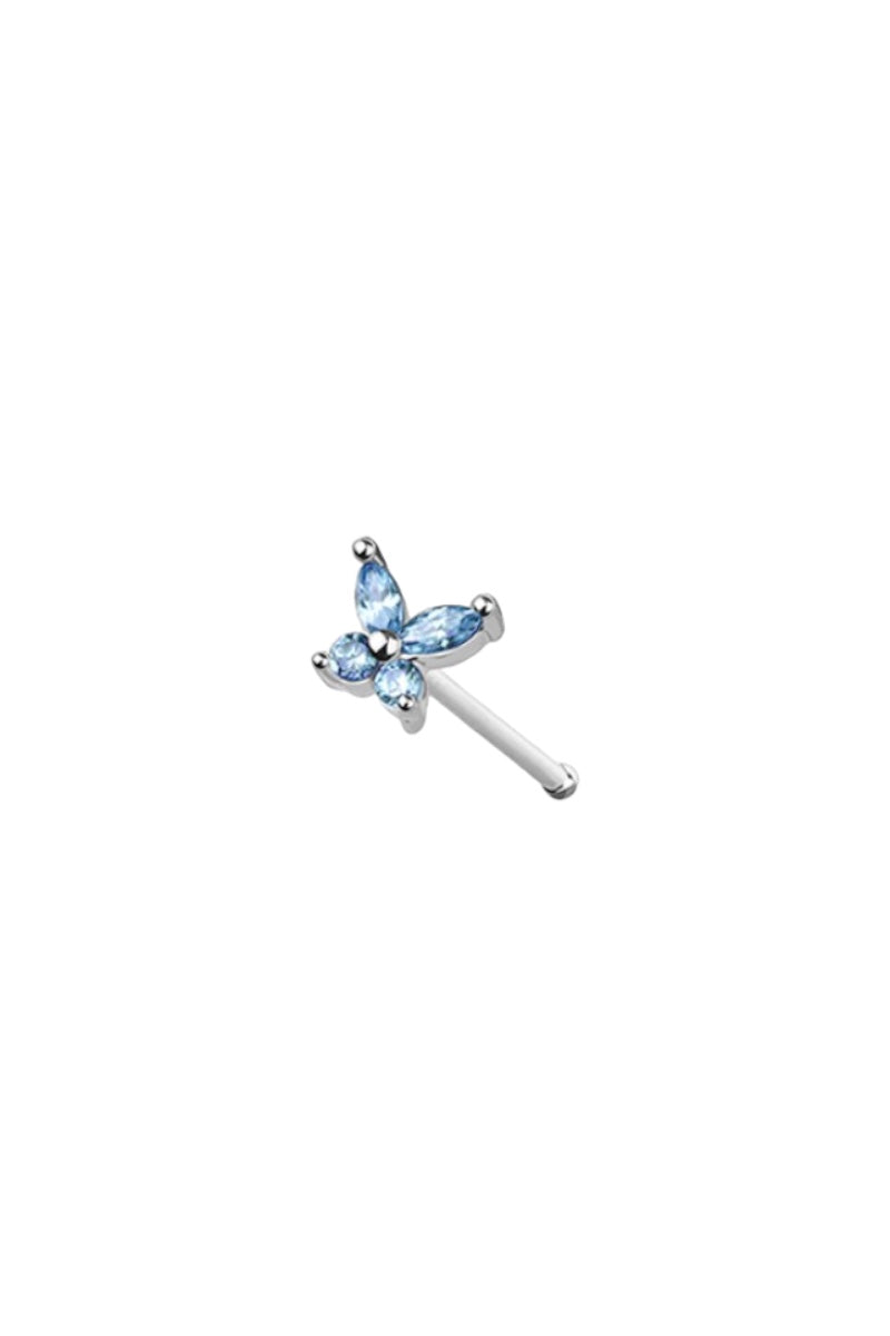 Butterfly Silver Nose Ring - Ball End - Blue