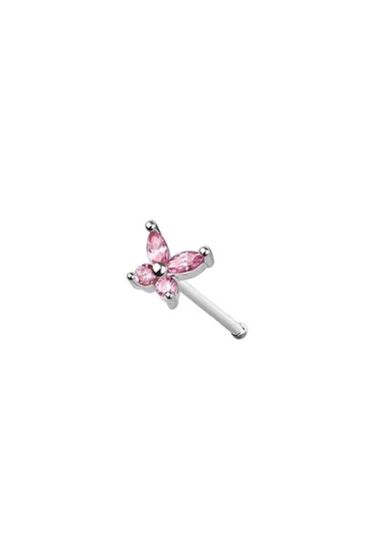 Butterfly Silver Nose Ring - Ball End - Pink