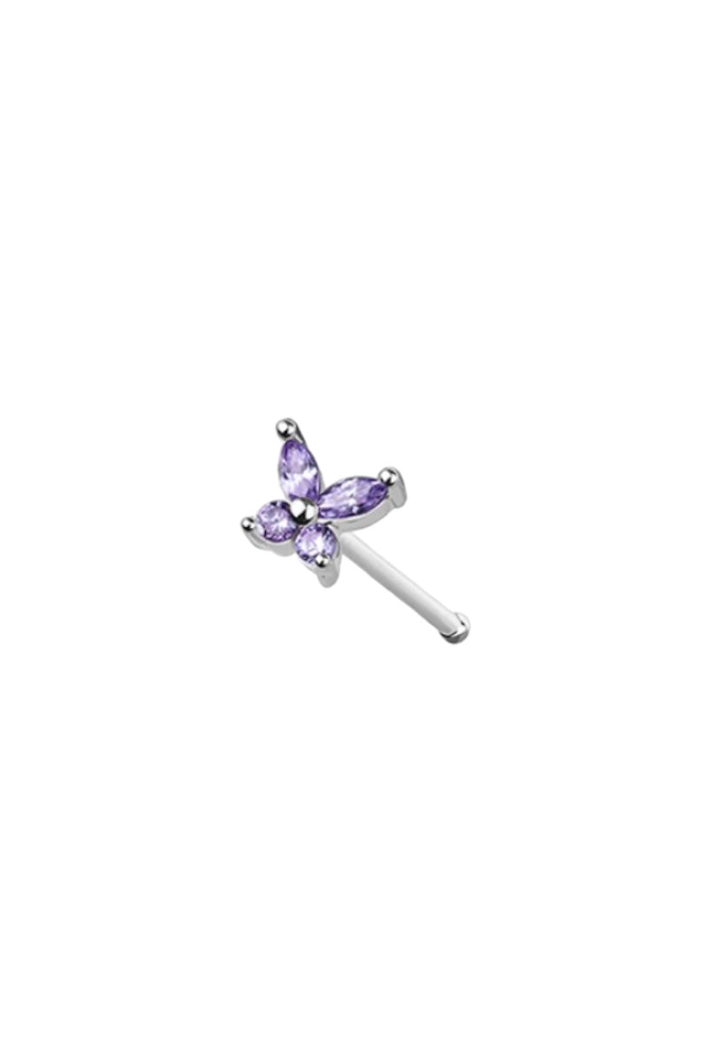 Butterfly Silver Nose Ring - Ball End - Purple