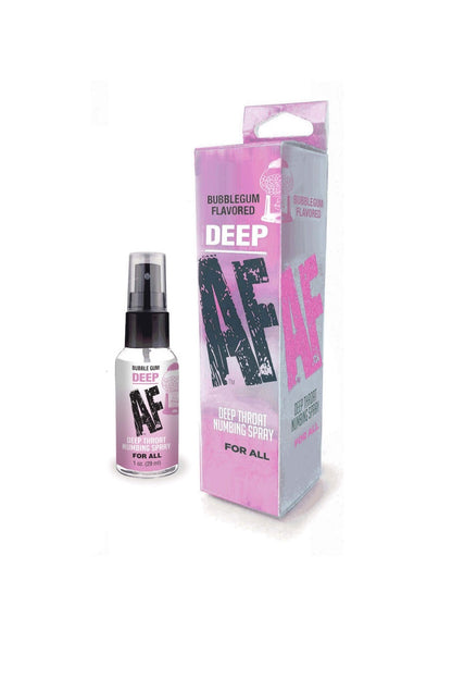 A bottle of Deep AF Bubblegum Flavored Numbing Spray next to its pink and gray retail packaging box, featuring a large distressed 'AF' logo.