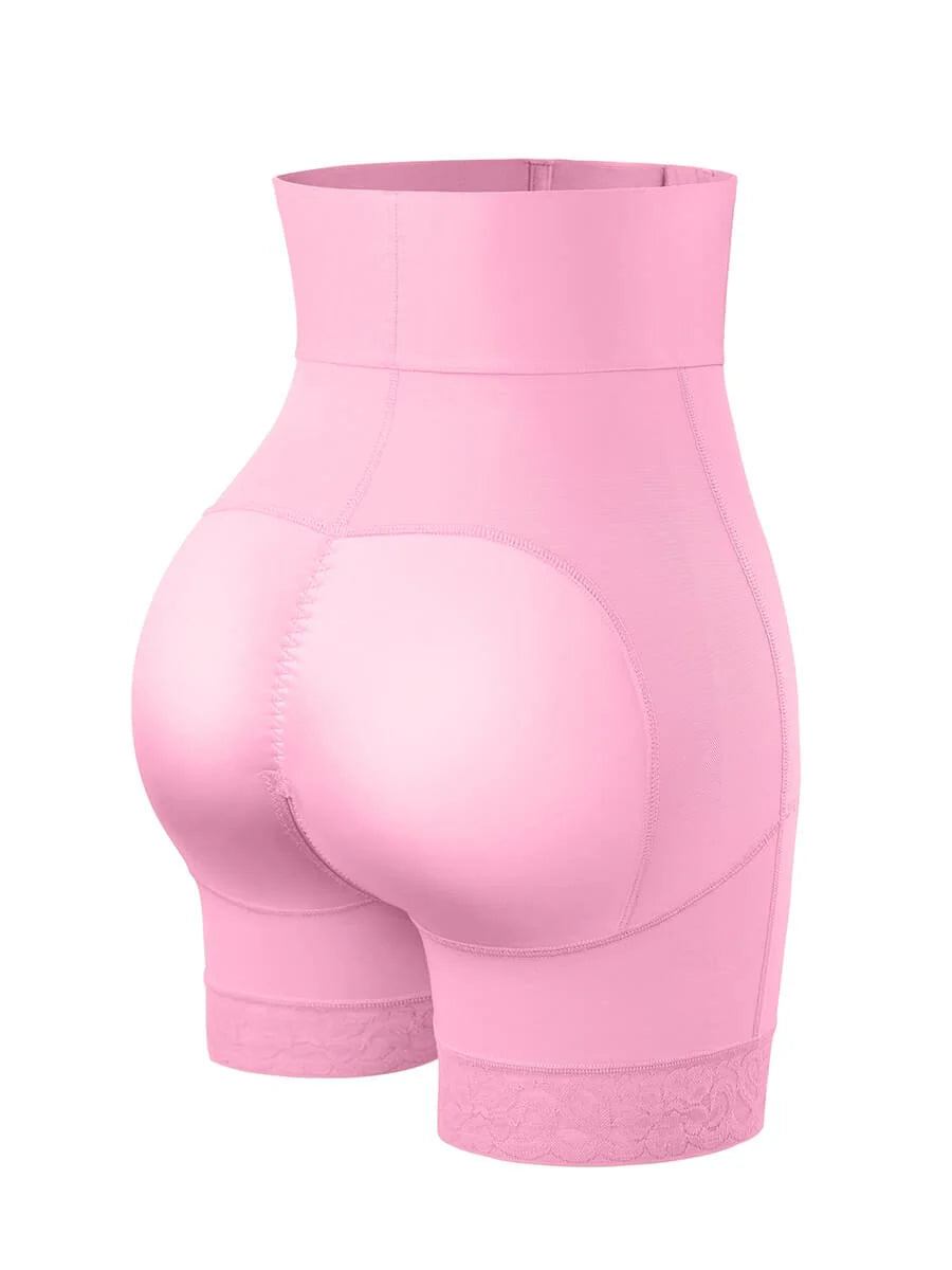 Pink high-waisted shaper shorts on a white background