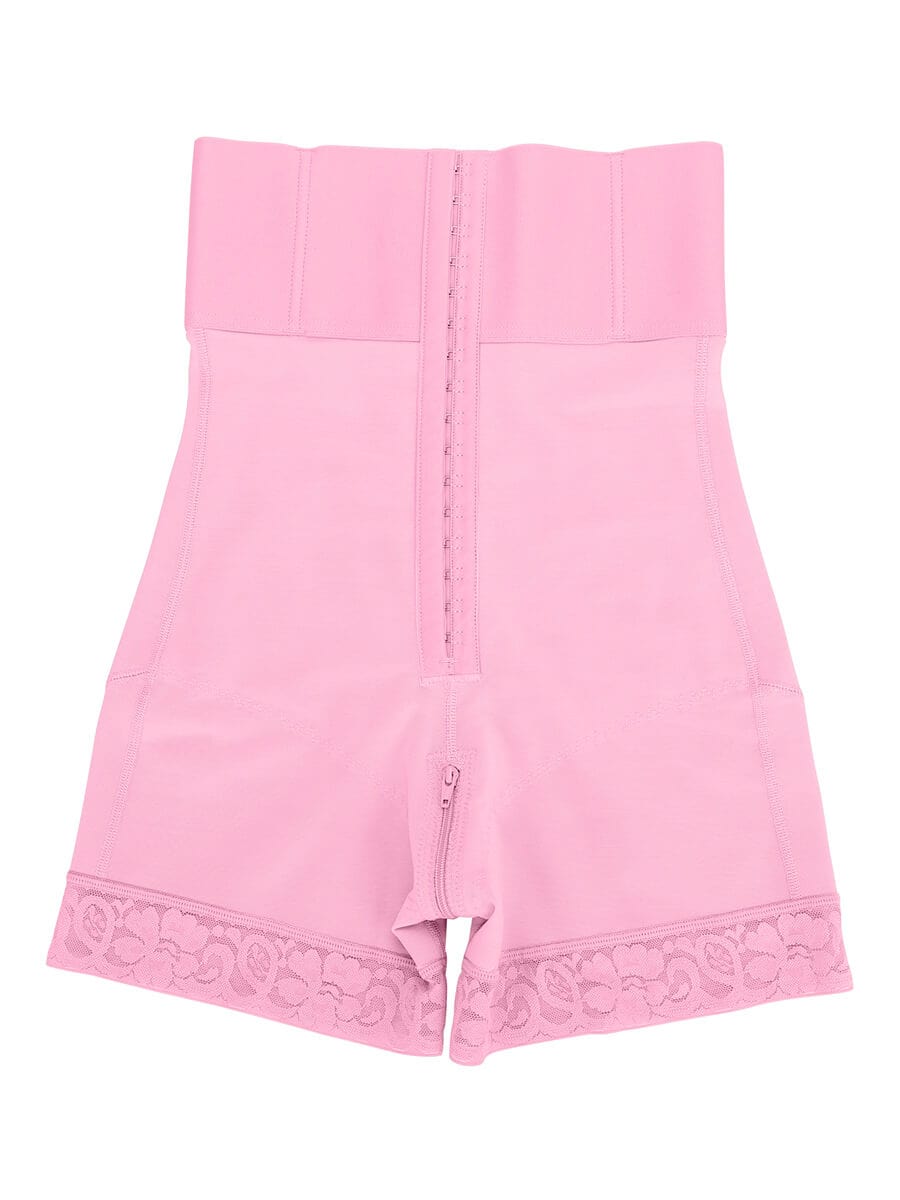 Pink shorts with lace trim on a white background