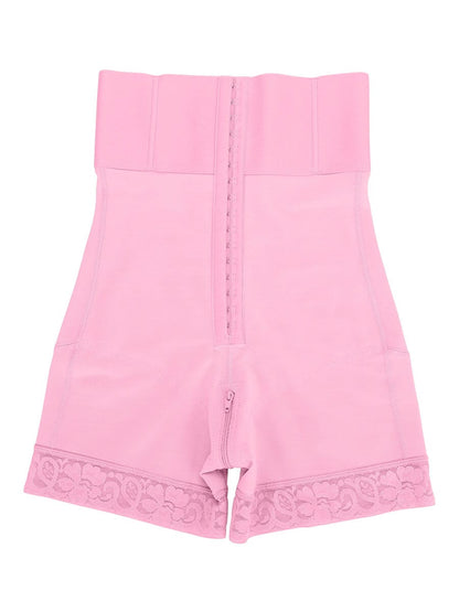 Pink shorts with lace trim on a white background