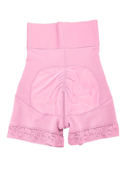 Pink high-waisted shorts with lace trim on a white background