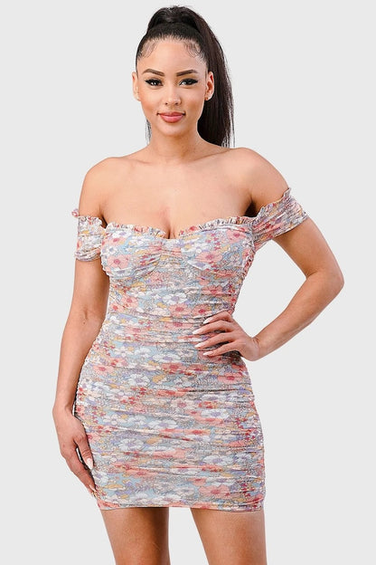  Floral Mesh Sweetheart Off Shoulder Mini Dress