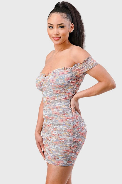  Floral Mesh Sweetheart Off Shoulder Mini Dress