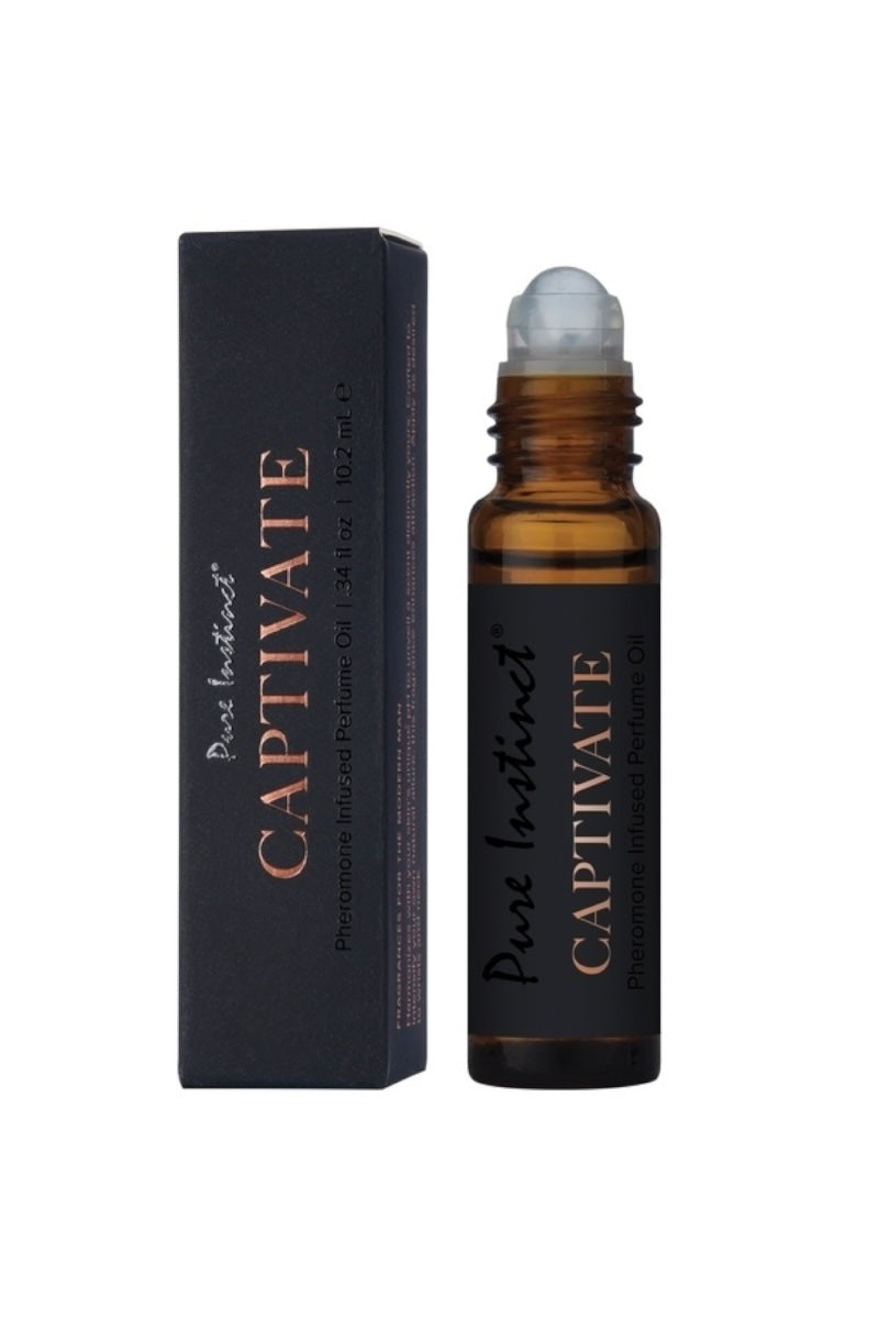 Roll-on bottle and packaging of 'Pure Instinct Captivate' on a white background