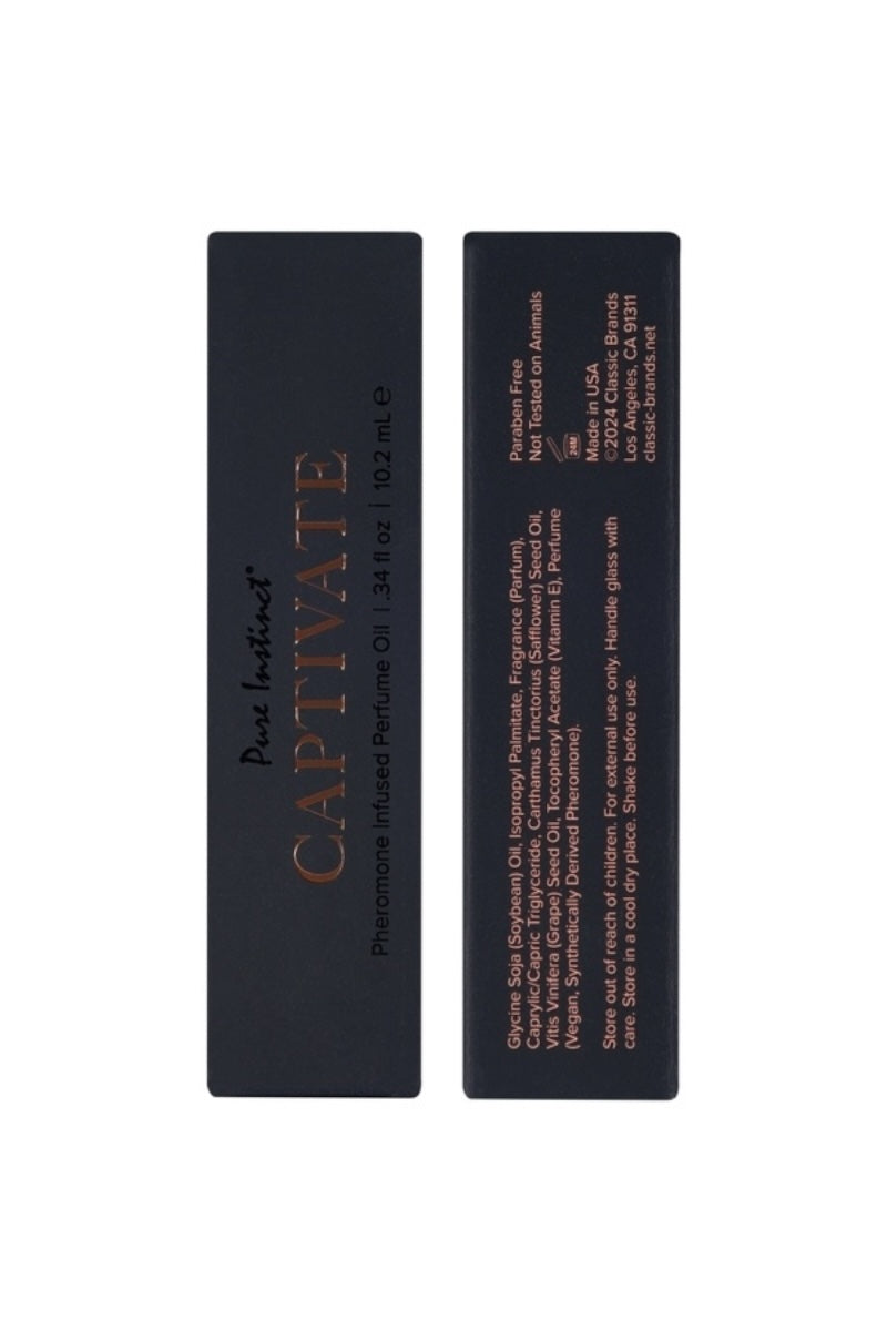 Two black cosmetic containers with 'Captivate' branding on a white background