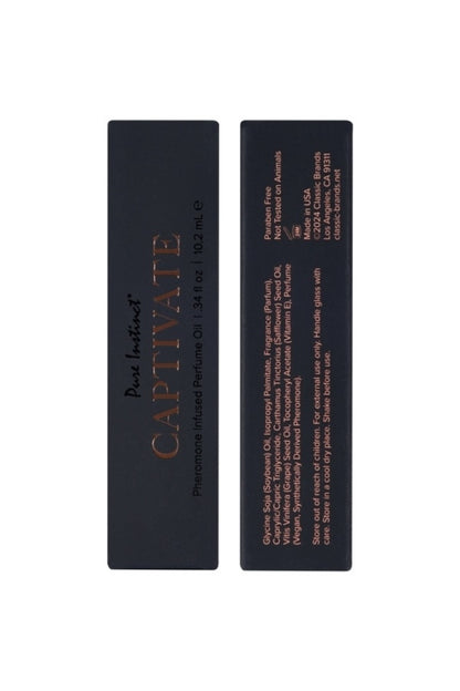 Two black cosmetic containers with 'Captivate' branding on a white background
