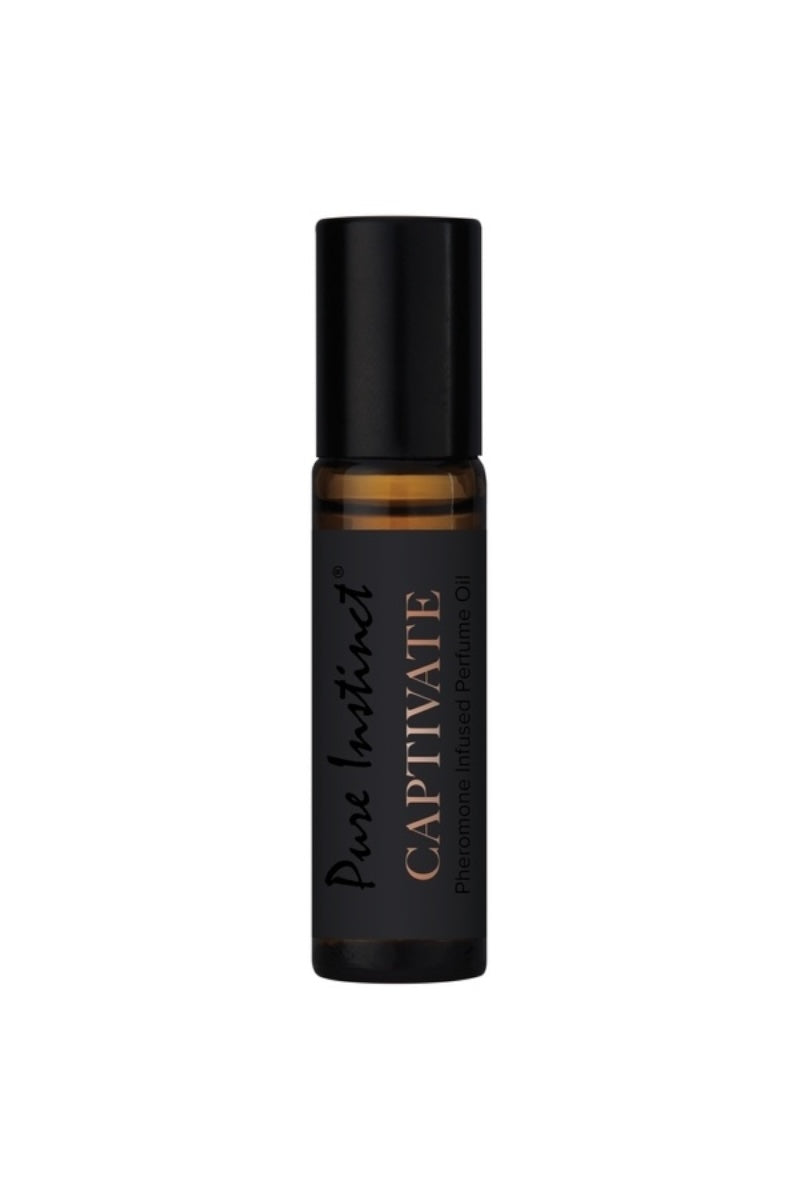 Roll-on bottle labeled 'Captivate' by 'Pure Instinct' on a white background