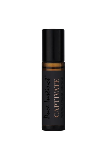 Roll-on bottle labeled 'Captivate' by 'Pure Instinct' on a white background