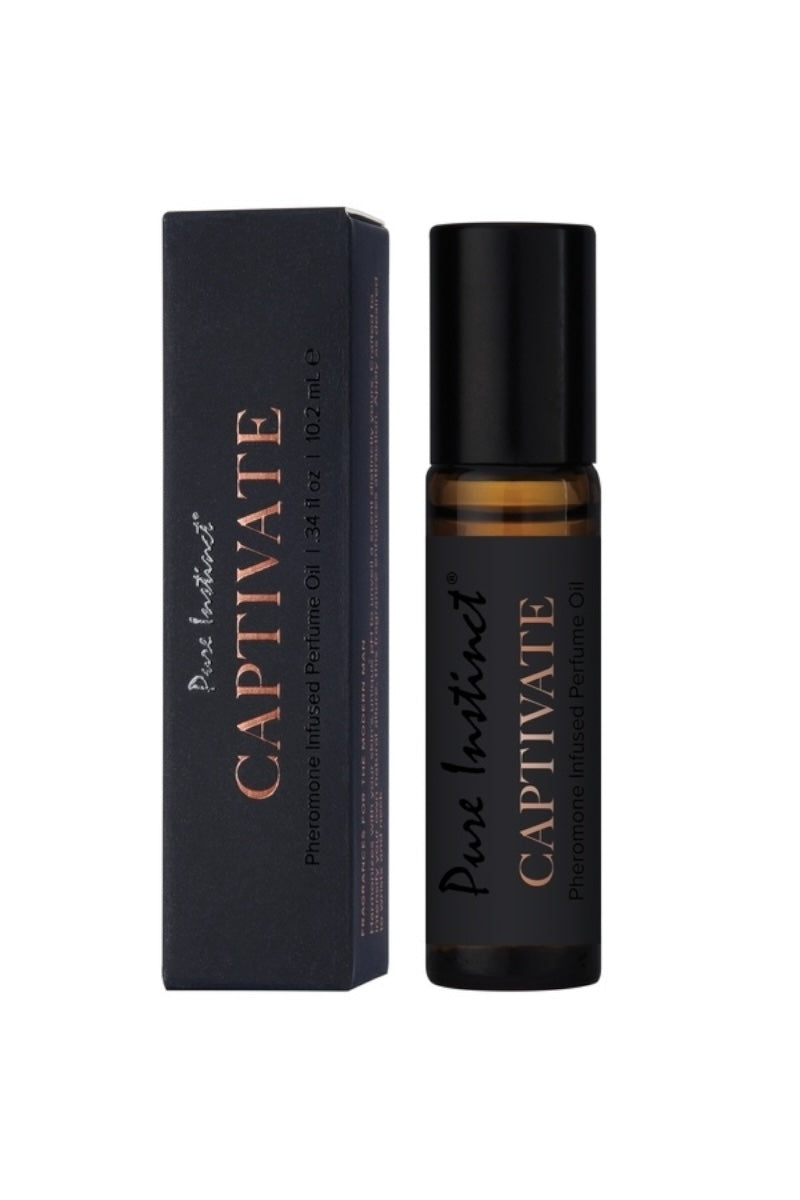Perfume bottle and packaging of 'Pure Instinct Captivate' on a white background
