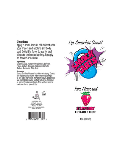 Label of Strawberry Lickable Lube with branding and product details on a white background