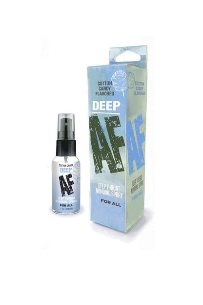 A bottle of Deep AF cotton candy flavored numbing spray next to its light blue and white packaging box, featuring a large distressed black 'AF' logo.