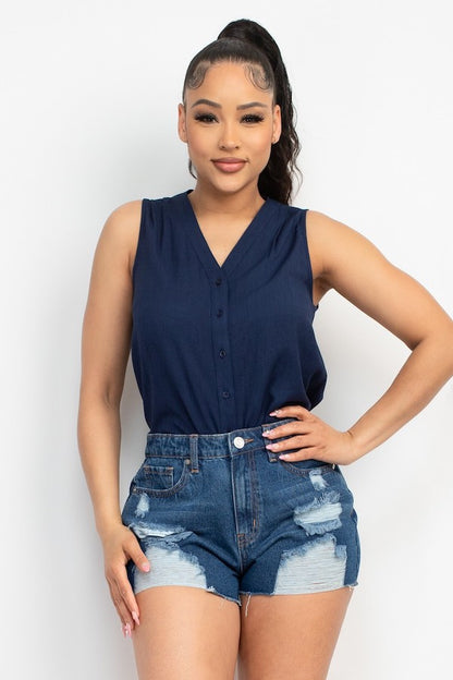 Timeless Sleeveless V Neck Button Top
