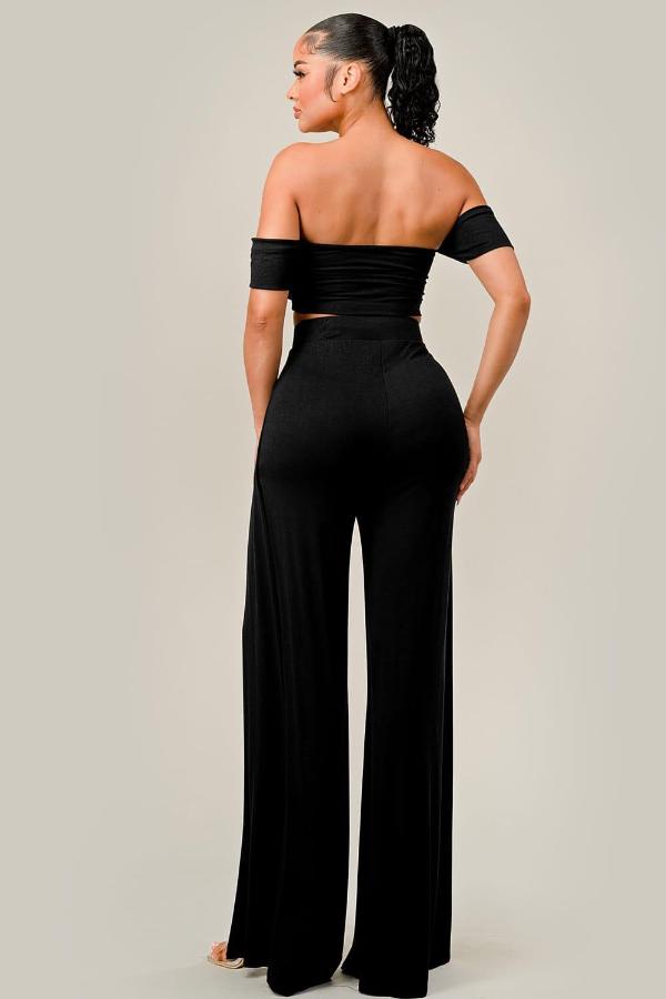 Off The Shoulder and Slit Open Wide Pants Set