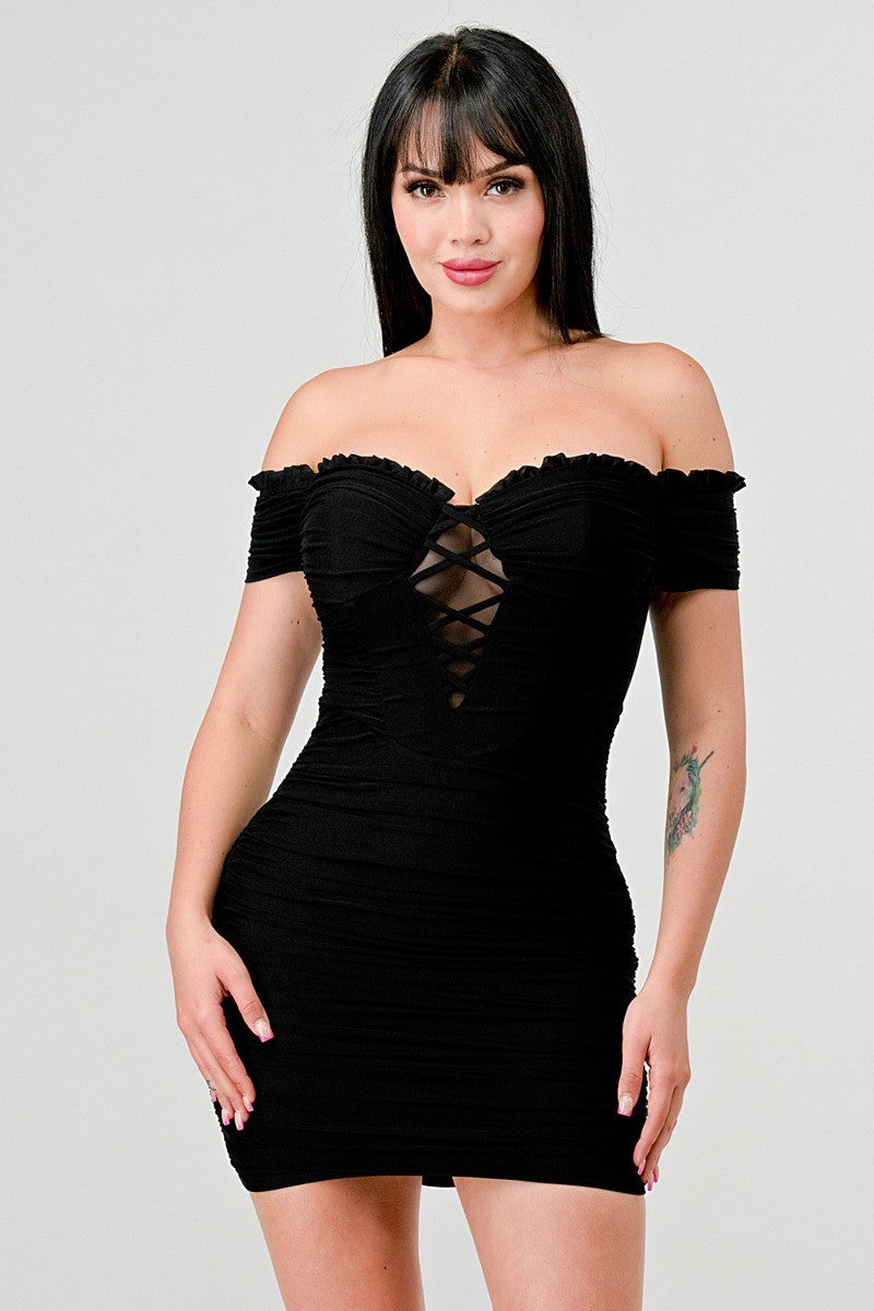 Off Shoulder Princess Ruched Mesh Dress - Black