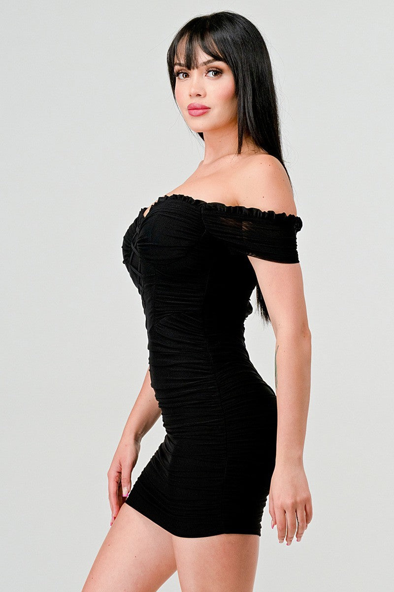 Off Shoulder Princess Ruched Mesh Dress - Black