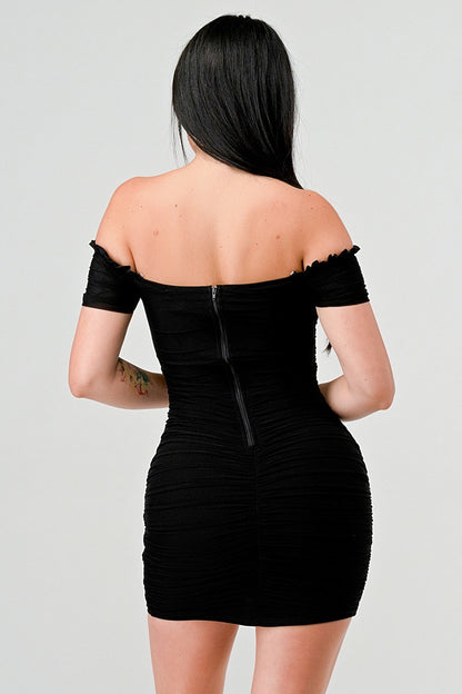 Off Shoulder Princess Ruched Mesh Dress - Black