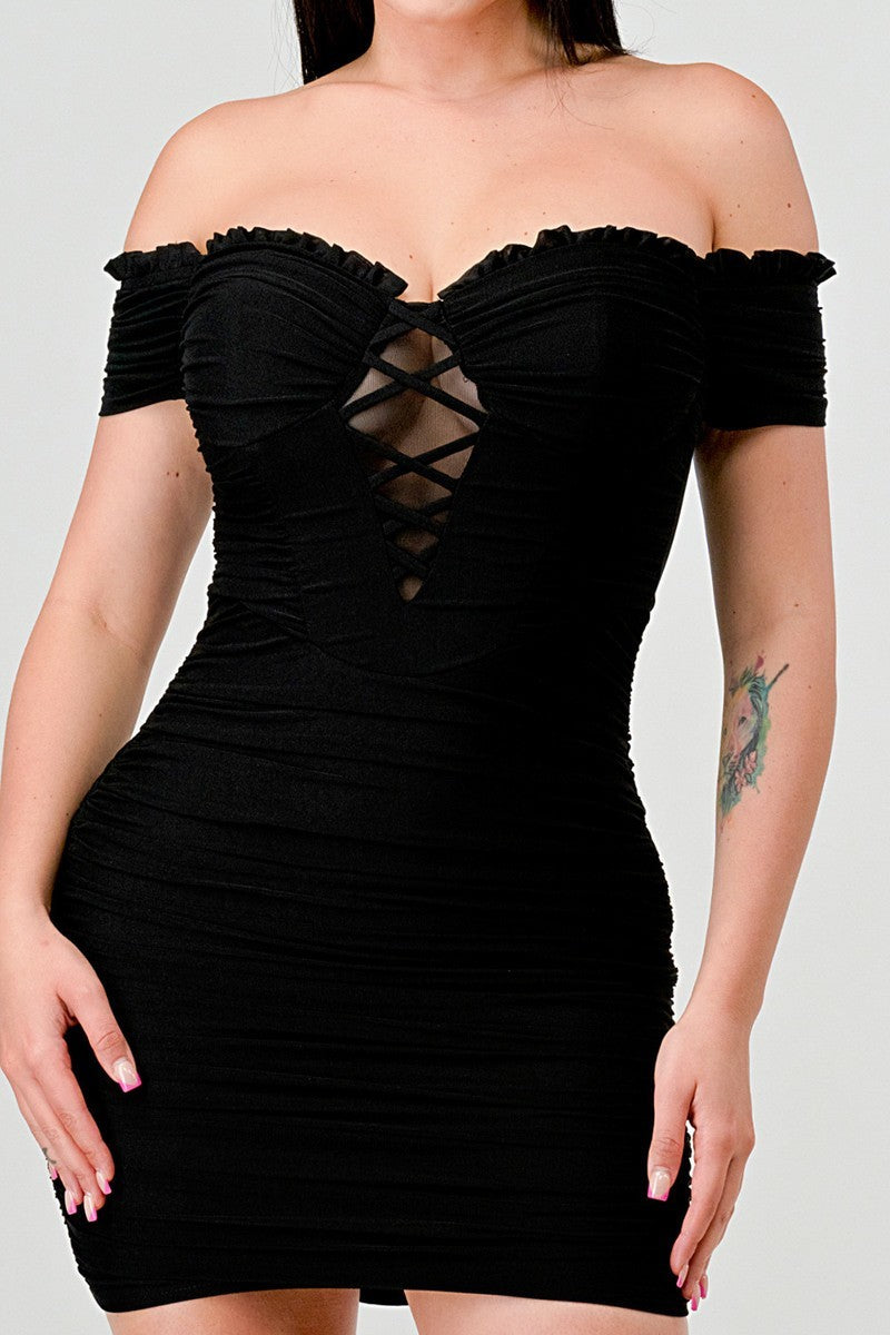 Off Shoulder Princess Ruched Mesh Dress - Black