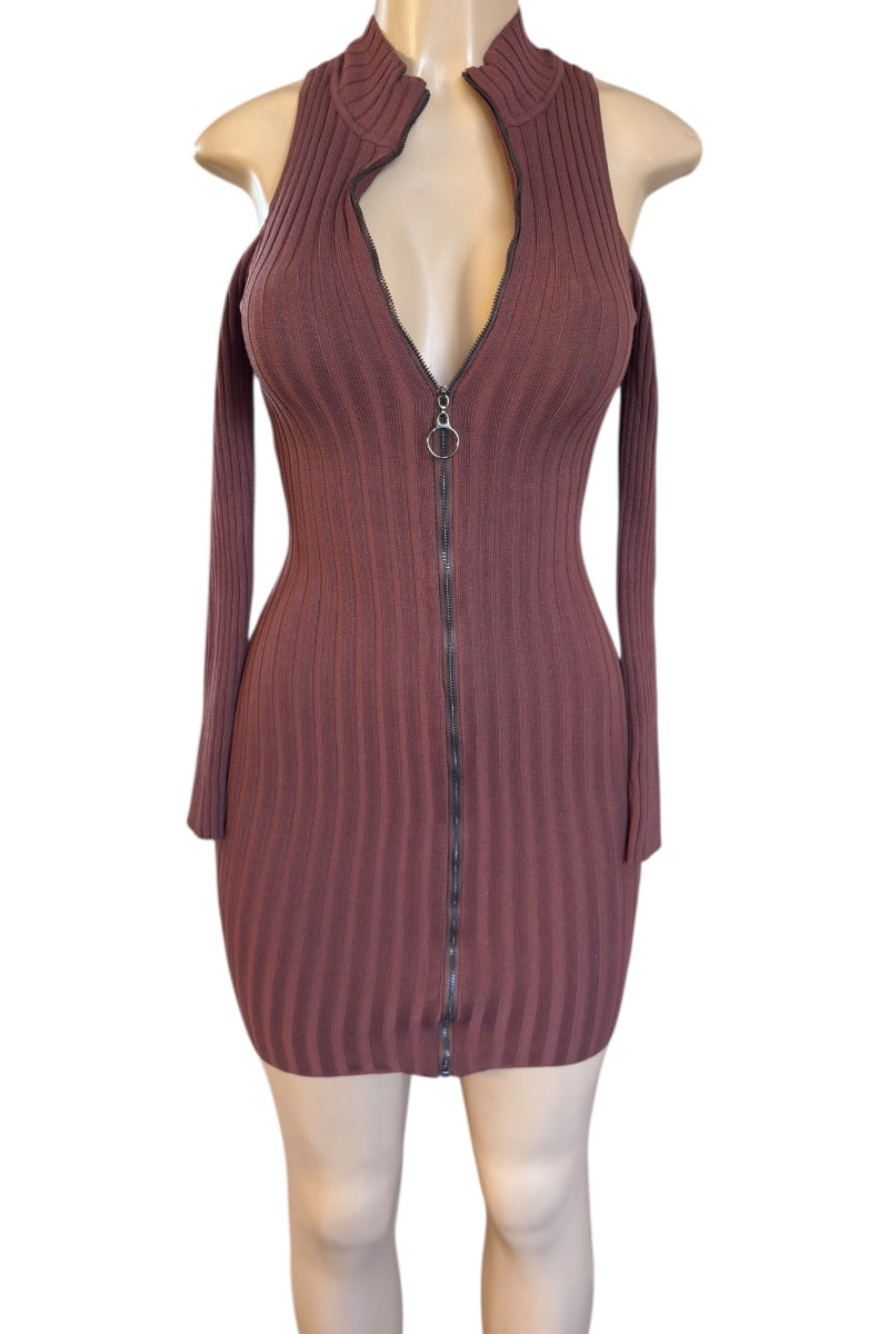 brown ribbed dress with a zipper on a mannequin against a white background