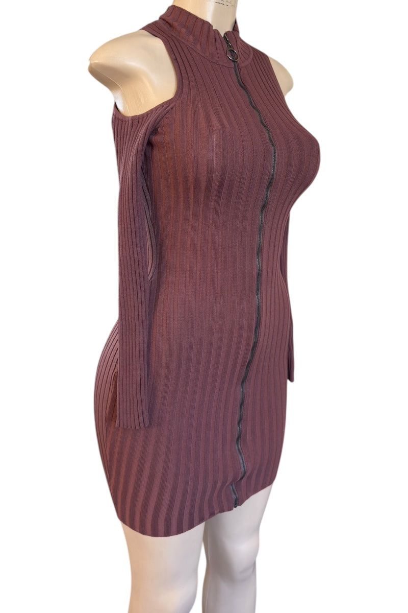 brown ribbed dress on a mannequin against a white background