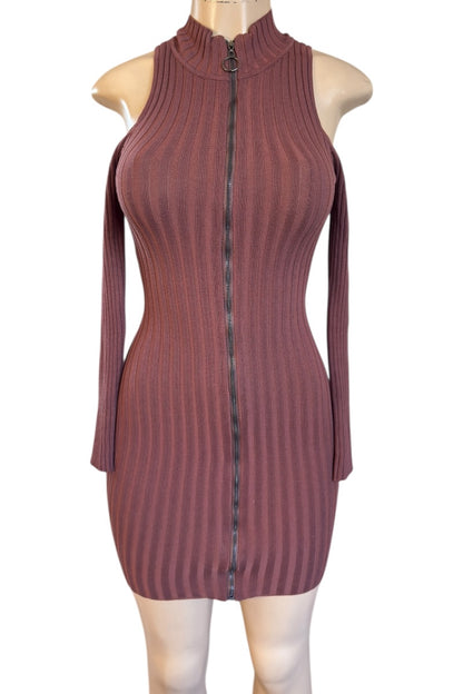 brown ribbed dress on a mannequin with a white background