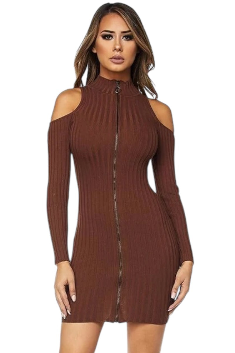 Brown ribbed dress with cut-out shoulders on a white background