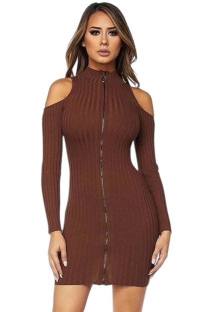 Brown ribbed dress with cut-out shoulders on a white background