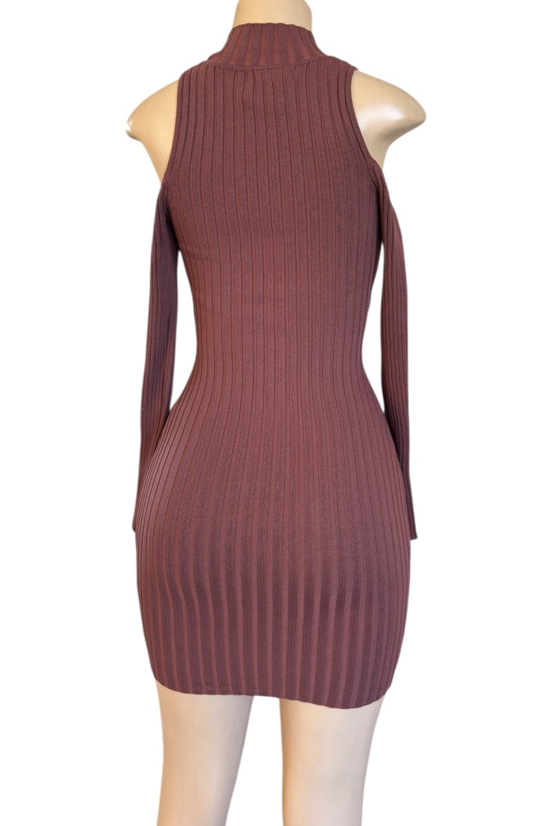 Brown ribbed knit dress on a mannequin against a white background