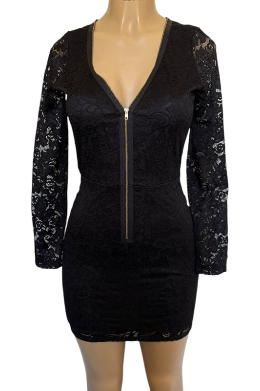 Black dress with lace sleeves on a mannequin against a white background